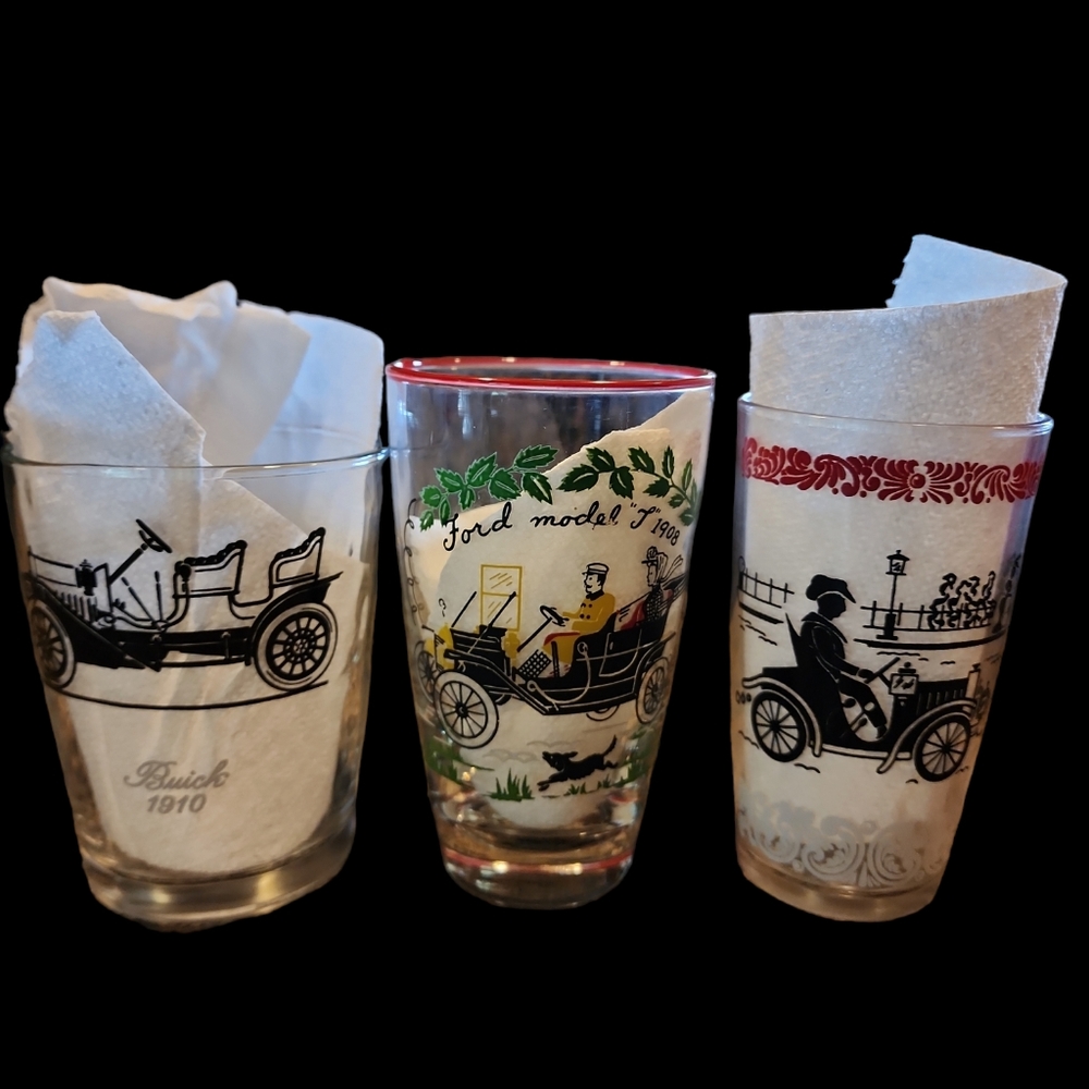 Old Car Glassware, Set of 3, Various Brands